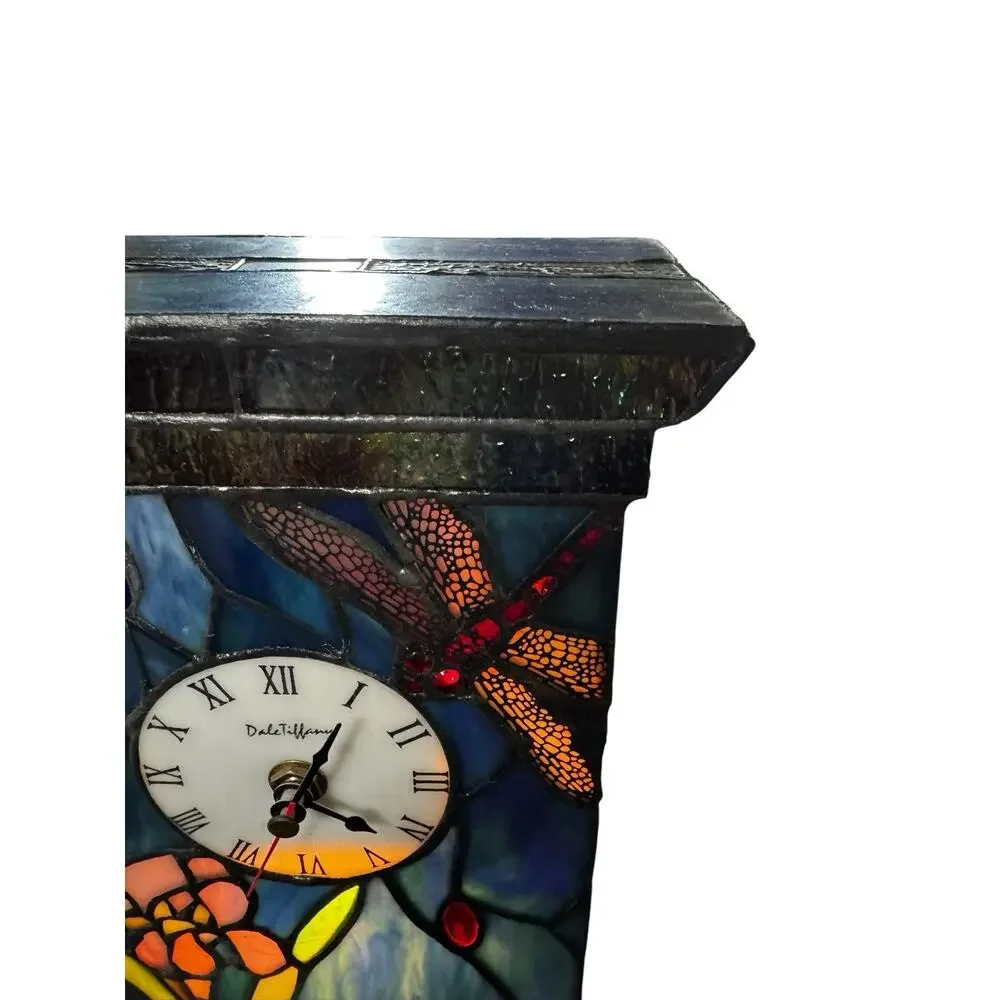 Dale Tiffany Stained Glass Dragonfly Floral Desk Clock Roman Numerals Multicolor
